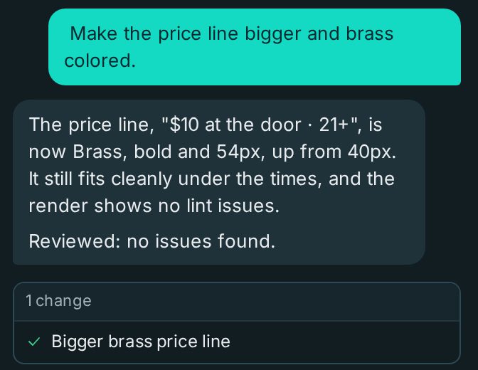 A chat request, 'Make the price line bigger and brass colored', the AI's reply explaining the price line is now brass, bold and 54px and still fits, 'Reviewed: no issues found', and a list with exactly one change: Bigger brass price line.